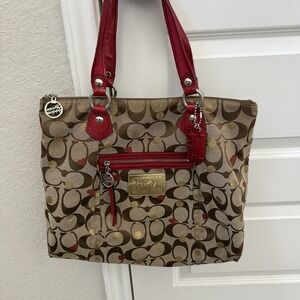 Coach Poppy purse Glam Secret Admirer Tote  HandBag Red Hearts Gold Dots vintage